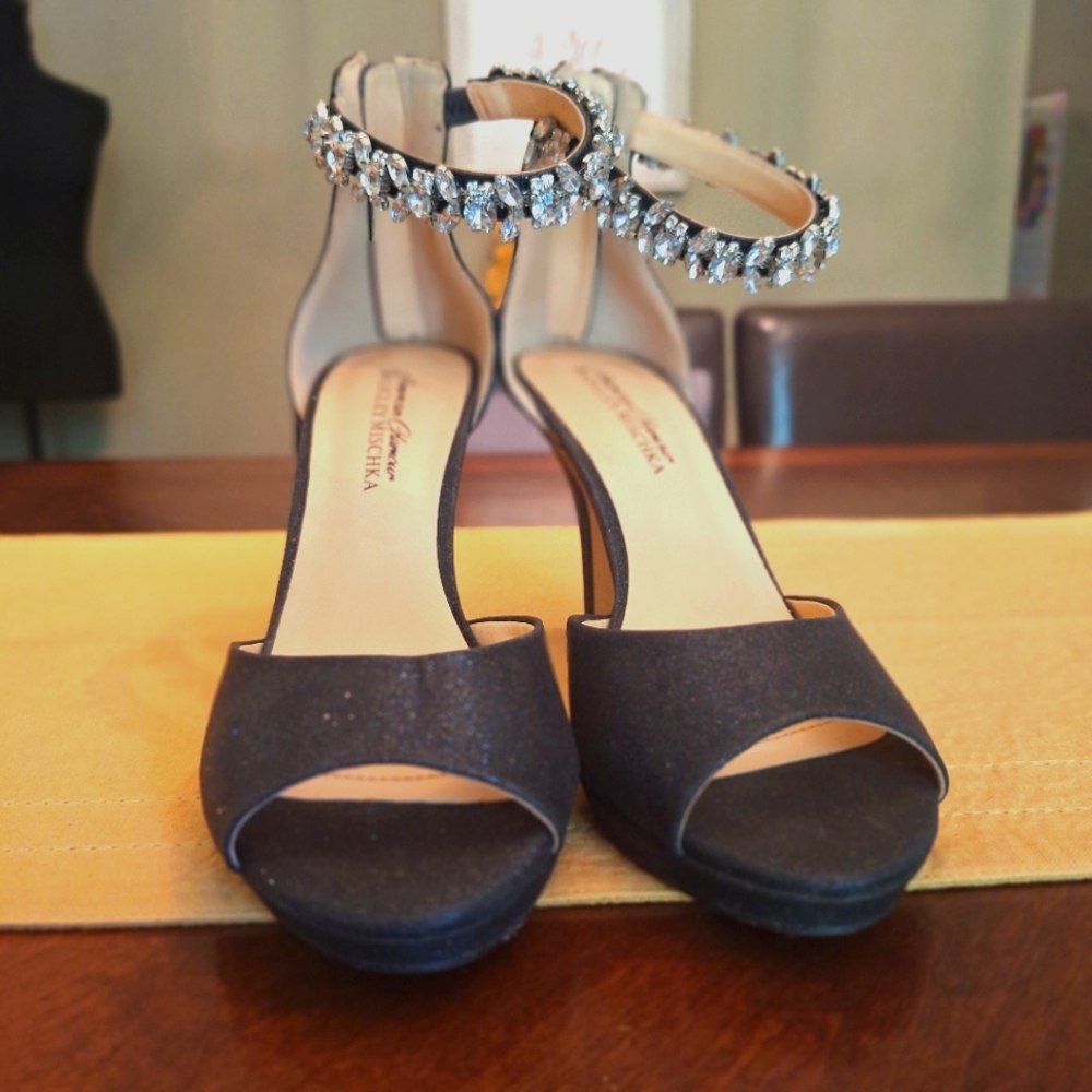 Badgley Mischka Black Crystal Ankle Strap Heels